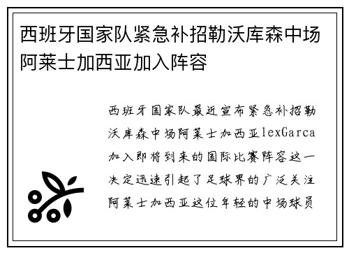 西班牙国家队紧急补招勒沃库森中场阿莱士加西亚加入阵容